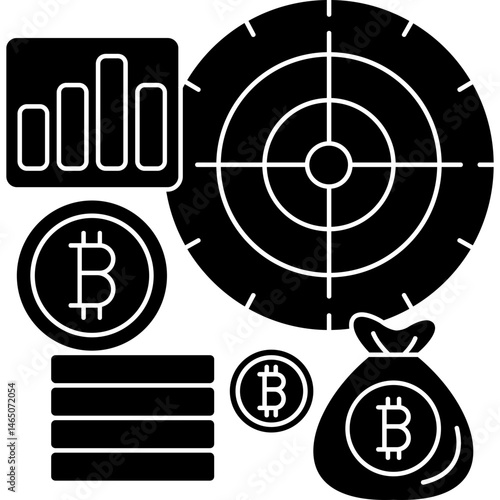 Crypto Investment Target Icon � Target Board, Bitcoin Money Bag, Bar Chart, and Coins