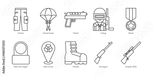 Battle Royale  Outline Icons Set – Pants, Parachute, Pistol, Pubg, Rank, Red Dot Sight, Red Zone, Shoes, Shotgun, Sniper Rifle, Editable Stroke.