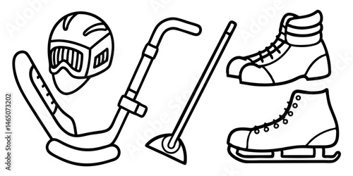 Photography Ice Hockey Equipment Line Art Illustration Set