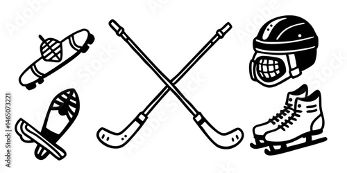 Canvas Print Winter Sports Equipment Icons Hockey Sticks Skates Helmet Snowboard Skateboard
