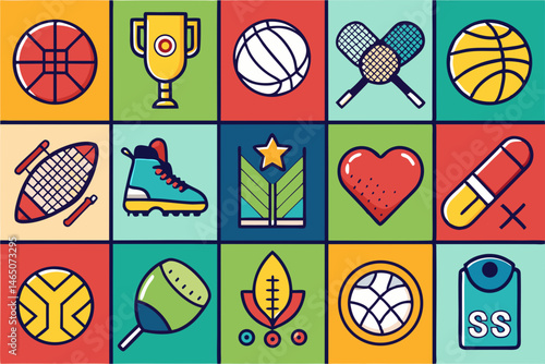Colorful Grid of Sport and Fitness Icons for Web Design
