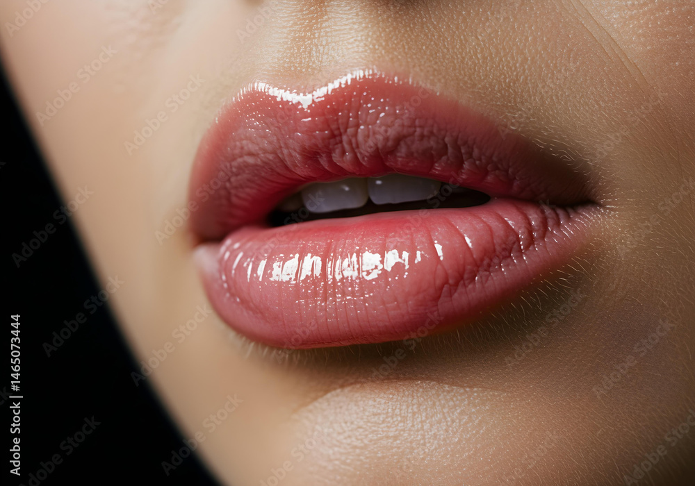 Obraz premium detailed view of plump moisturized lips with pink lipstick and gloss for beauty content 
