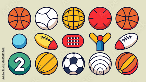 Collection of Colorful Cartoon Sports Balls and Equipment Icons