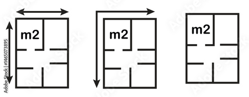 architecture plan real estate floor icons, black line apartment layout symbols with dimension arrows vector illustration
