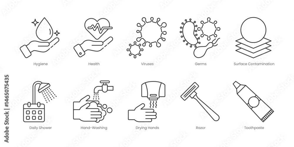 Fototapeta premium Hygiene Outline Icons Set – Hygiene, Daily Shower, Germs, Health 01, Surface Contamination, Viruses, Drying Hands, Hand-Washing, Razor, Toothbrush, Editable Stroke.