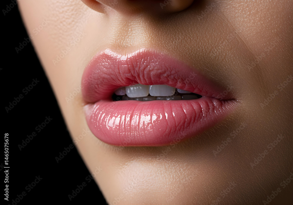 Fototapeta premium elegant close-up of soft pink lip makeup with glossy finish on neutral background