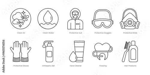 Hygiene  Outline Icons Set – Clean Air, Clean Water, Protective Goggles, Protective Mask, Protective Suit, Antiseptic Gel, Face Cleaner, Flossing, Hair Products, Protective Gloves, Editable Stroke.