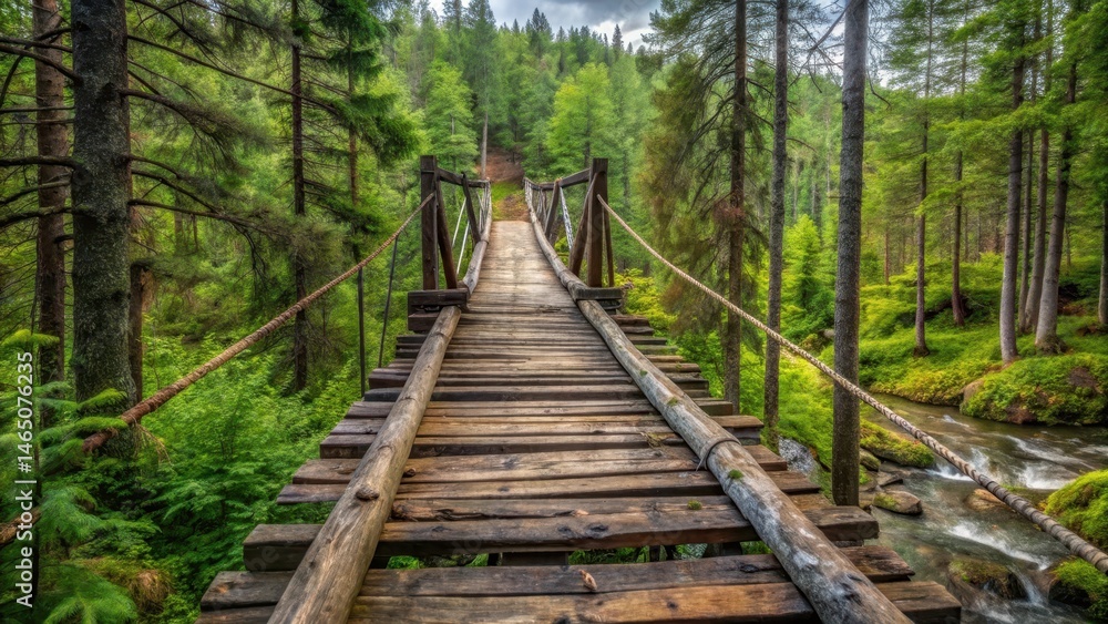 Ancient wooden bridge suspended high above forest floor in Russian wilderness , wilderness bridge, woodland scenery Ancient wooden bridge suspended high above forest floor in Russian wilderness , wilderness bridge, woodland scenery