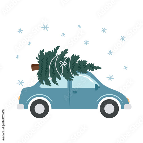 cute little car with christmas tree isolated vector illustration