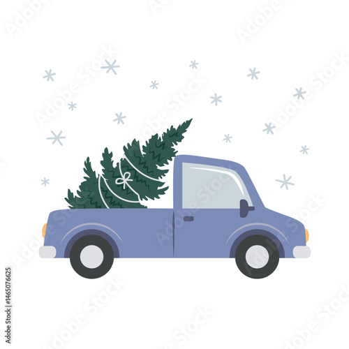 cute little car with christmas tree isolated vector illustration