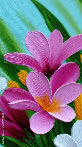 Painted Flowers, Frangipani Blooms with Tropical Leaves on Blue Background