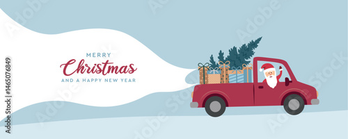 santa drives a car with a christmas tree and greeting banner vector illustration