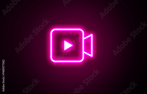 Light glowing neon video camera icon. Photograph camera on black background.  Pink color video camera icon	