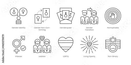 LGBT  Outline Icons Set – Gender-Expansive, Gender-Fluid, Genderqueer, Gender Transition, Homophobia, Intersex, Lesbian, Lgbtq, Living Openly, Non-Binary, Editable Stroke.