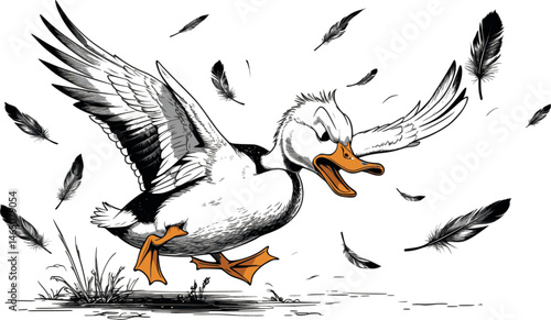 Raging duck in engraved vector style, isolated on white