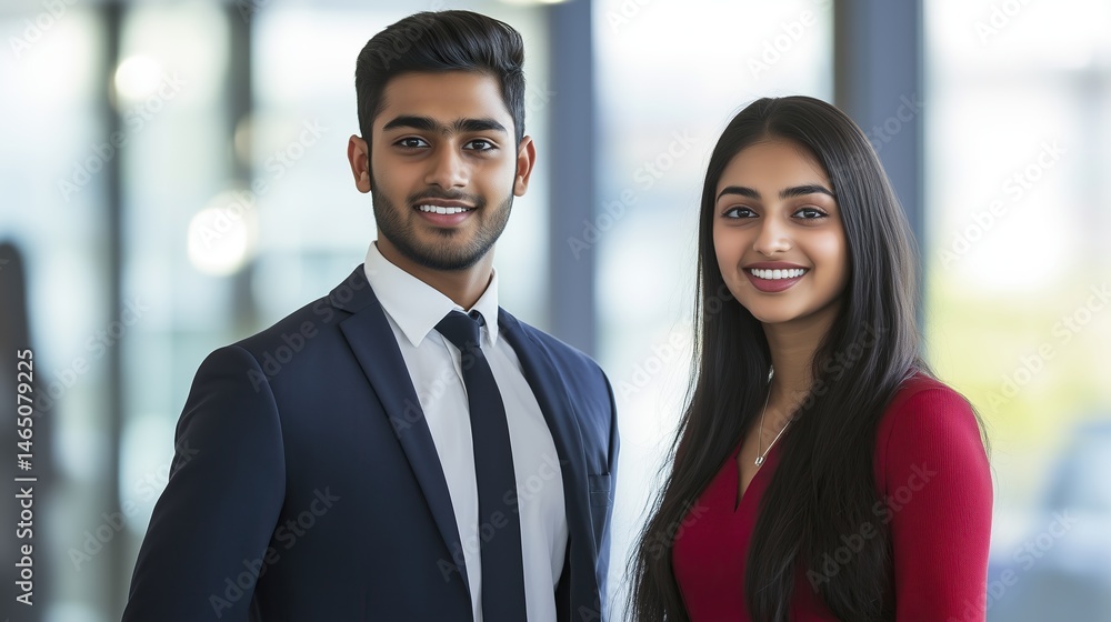 Two young professionals in formal attire, confident and poised, embodying modern corporate success. Two young professionals in formal attire, confident and poised, embodying modern corporate success.