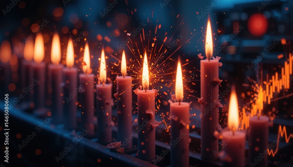 Row of Lit Candles with Wax Drippings and Financial Chart Overla Row of Lit Candles with Wax Drippings and Financial Chart Overla