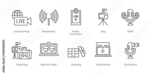 Live Streaming  Outline Icons Set – Broadcaster, Live Streaming, Asmr, Mobile Live Stream, Reaction Video, Travel Vlog, Unboxing, Video Review, Vlog, Live Gaming, Editable Stroke.
