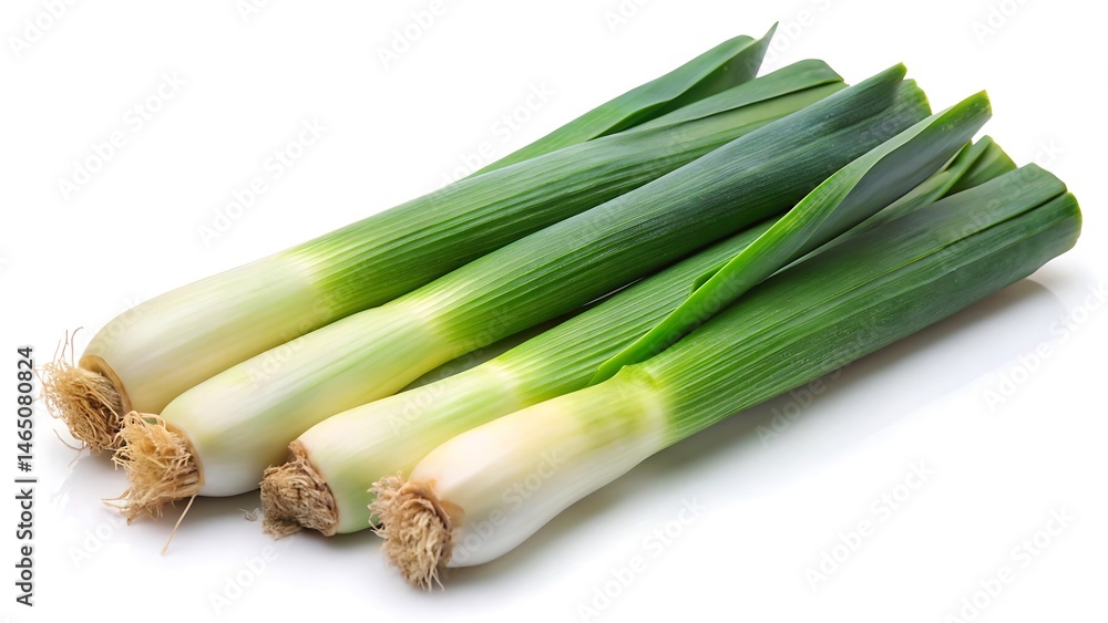 Fototapeta premium Three leeks are displayed isolated on white background