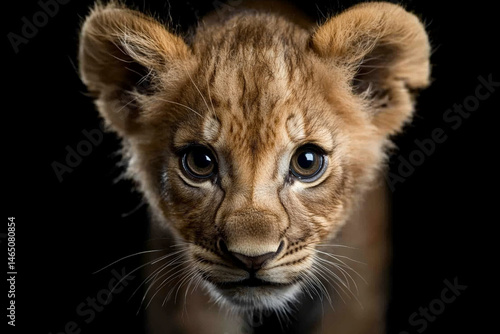Close-up view of a lion cub showcasing its expressive eyes and playful demeanor in a dark setting