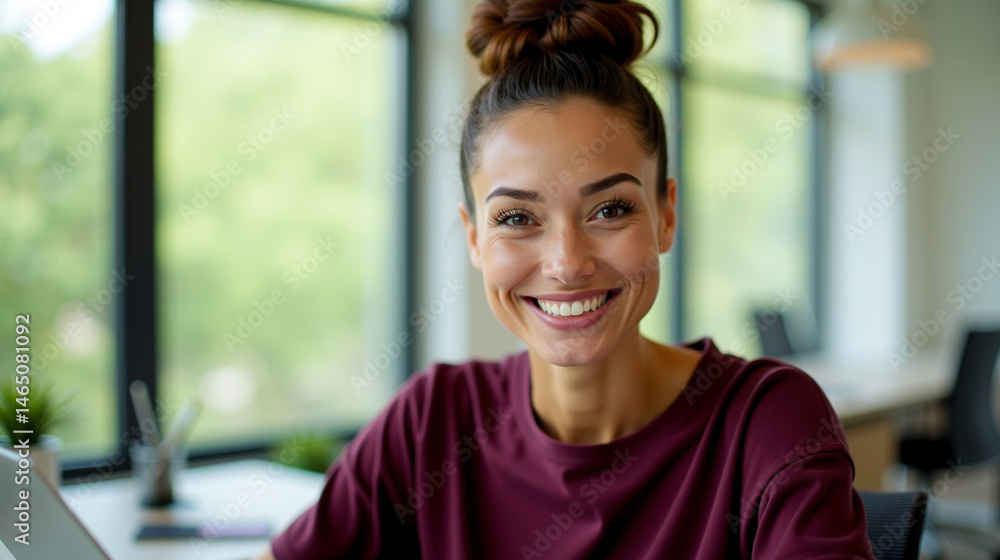 a smiling woman sitting at a desk in a bright office with large windows and greenery outside
a smiling woman sitting at a desk in a bright office with large windows and greenery outside
