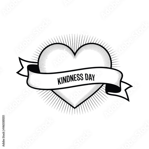 Heartfelt Kindness: A monochrome illustration of a heart radiating positivity, a banner unfurls with the words "Kindness Day", symbolizing empathy and compassionate actions.