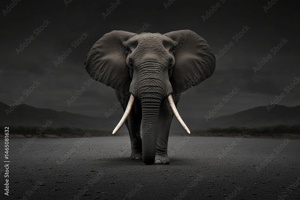 Obraz premium Majestic elephant walking down a deserted road in the African wilderness during a dramatic evening