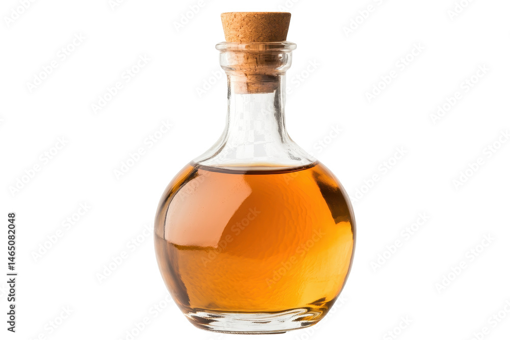 Isolated Glass Bottle with Cork Stopper and Amber Liquid Isolated Glass Bottle with Cork Stopper and Amber Liquid