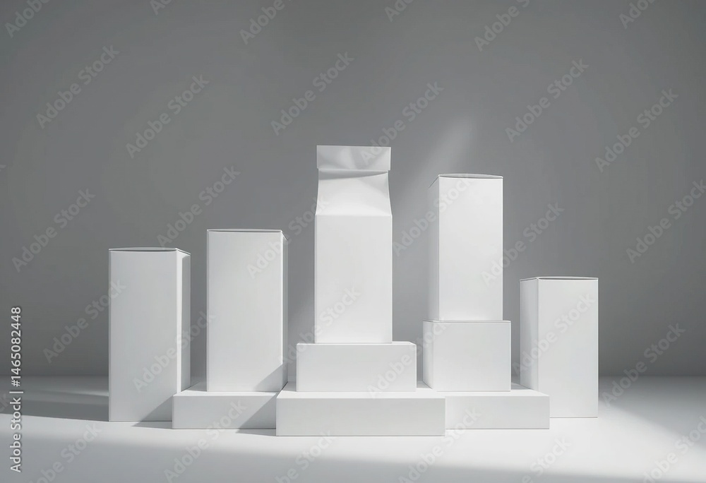 Minimalist White Product Packaging Mockup on Geometric Pedestals with Soft Light Minimalist White Product Packaging Mockup on Geometric Pedestals with Soft Light