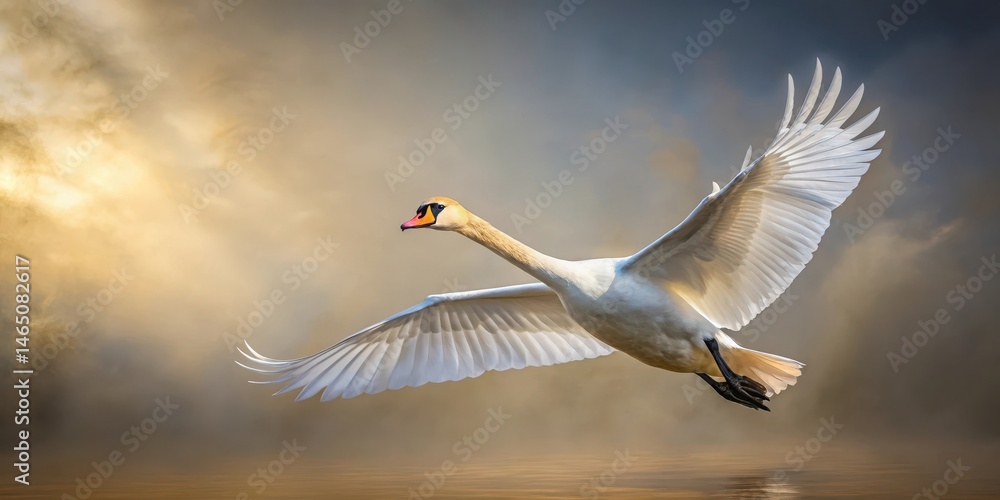 Fototapeta premium Winged Swan in Soaring Motion,muted background, ,muted background,flight