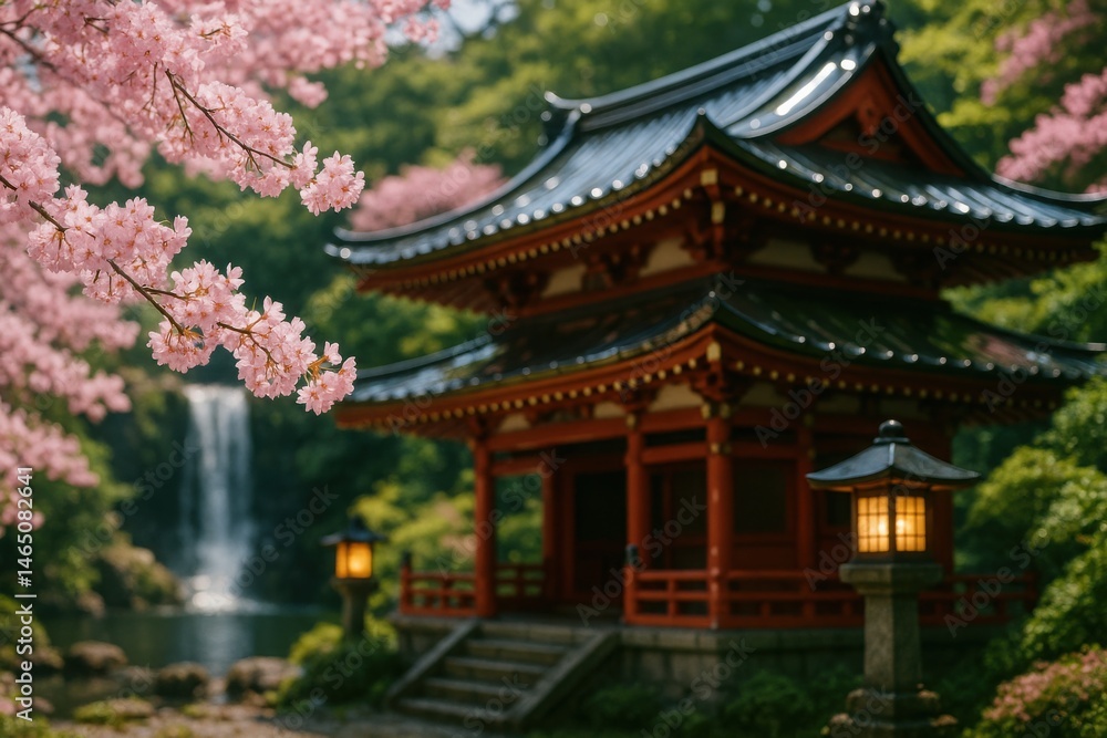 Japanese Temple with Cherry Blossom Tree, Stone Lantern, and Waterfall in Spring Forest
Japanese Temple with Cherry Blossom Tree, Stone Lantern, and Waterfall in Spring Forest