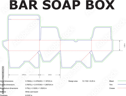 Detailed blueprint of a bar soap box packaging template featuring precise measurements and dimensions for manufacturing and design.
