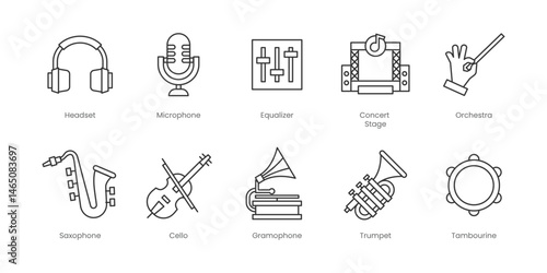 Music  Outline Icons Set – Microphone, Piano, Concert Stage, Equalizer, Orchestra, Saxophone, Cello, Gramophone, Tambourine, Trumpet, Editable Stroke.