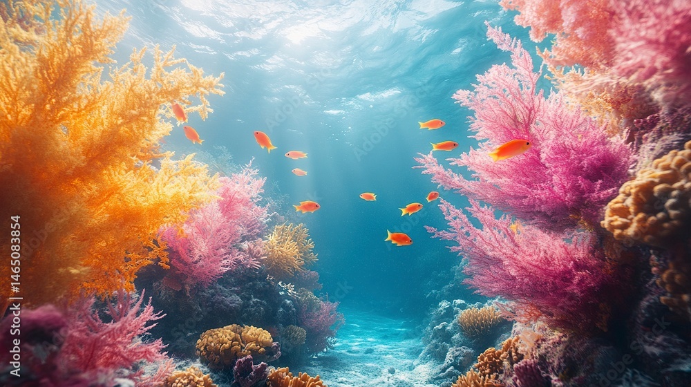 Fototapeta premium Close-up of colorful coral reef with tropical fish in clear blue water 