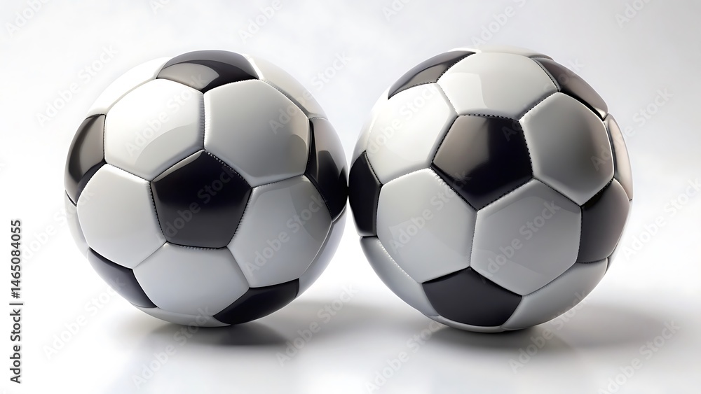 Two soccer balls are positioned side by side against a plain isolated on white background Two soccer balls are positioned side by side against a plain isolated on white background