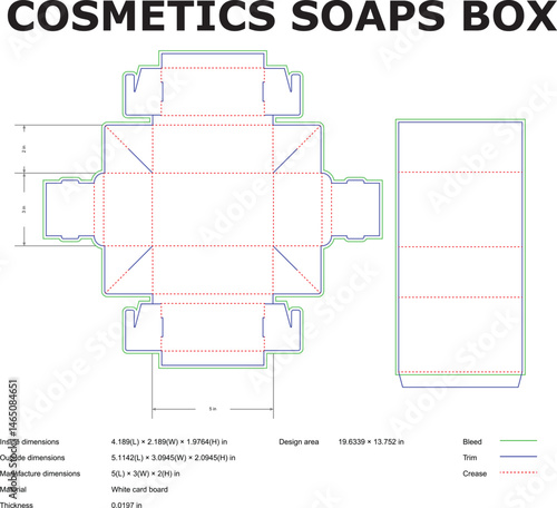 Flatline packaging design template for cosmetic soaps box with dimensions and bleed lines for manufacturing and printing purposes