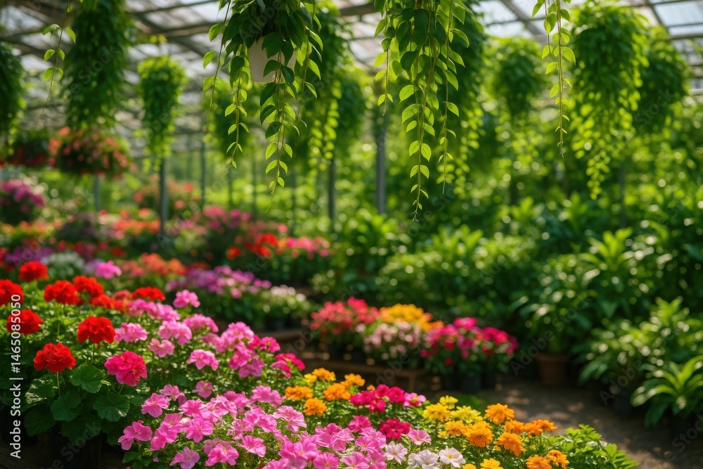 Plant Nursery with Geranium Blooms, Hanging Vines, and Sunlit Rows of Colorful Foliage
Plant Nursery with Geranium Blooms, Hanging Vines, and Sunlit Rows of Colorful Foliage
