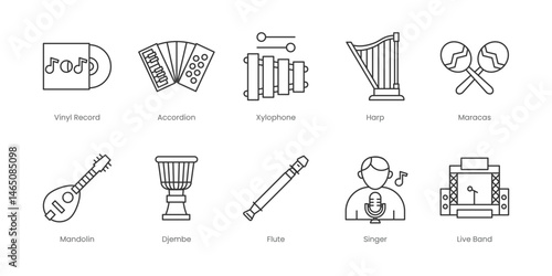 Music  Outline Icons Set – Accordion, Harp, Maracas, Vinyl Record, Xylophone, Djembe, Flute, Mandolin, Singer, Audio Engineer, Editable Stroke.