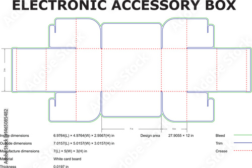 Detailed schematic of an electronic accessory box with dimensional specifications and design areas illustrated clearly.