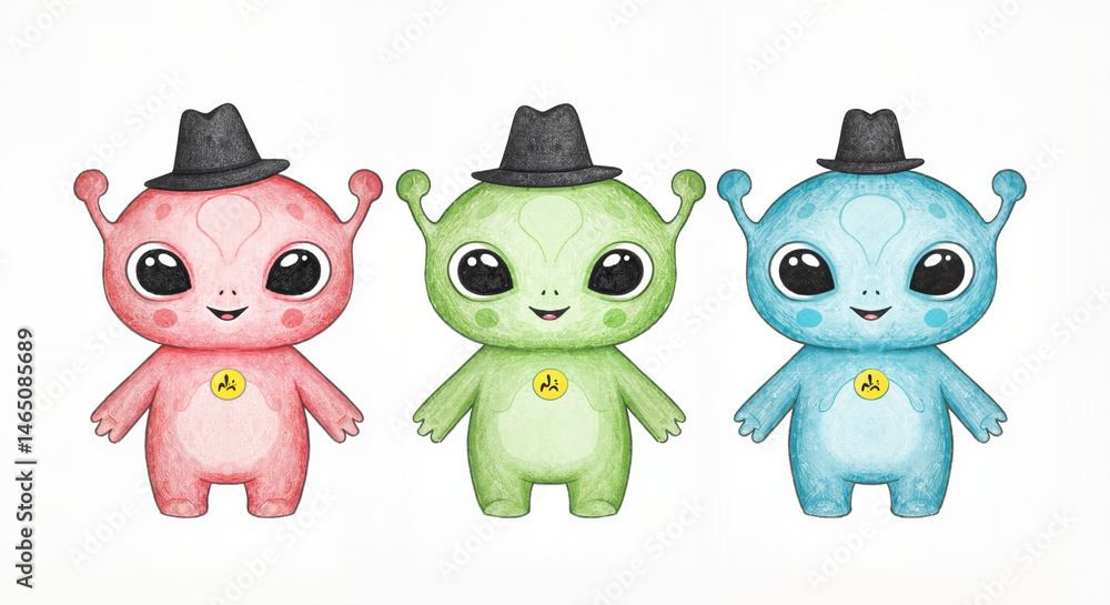Obraz premium Trio of colorful cartoon aliens in hats for posters, kids materials or fun World UFO Day celebrations