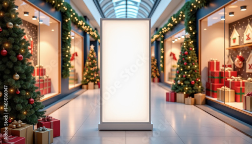Wallpaper Mural Vertical Banner Mockup. Glowing vertical banner mockup in decorated Christmas mall Torontodigital.ca
