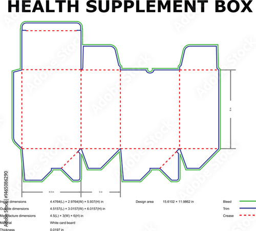 Detailed die cut diagram for health supplement packaging design with precise measurements and specifications for printing