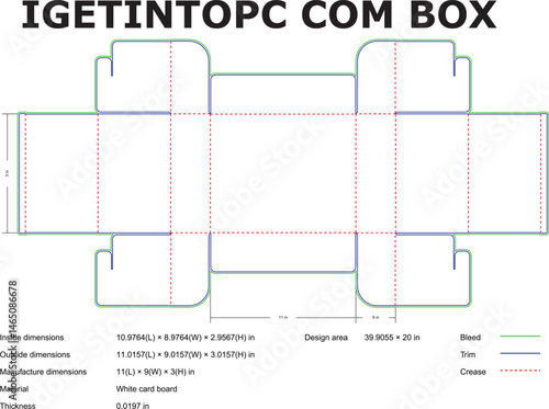 Detailed technical blueprint of a folding box with measurements and specifications suitable for packaging design