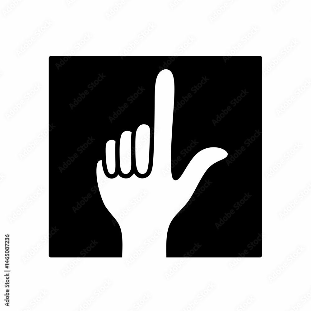 Obraz premium Vector graphic illustration of human hand icon with index finger pointing up inside square frame. Perfect for sign language design elements, gestures, directions, user interfaces.