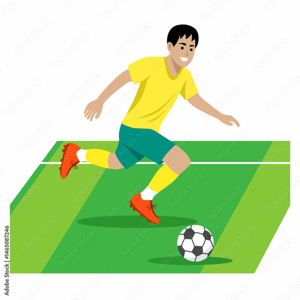 Obraz premium Flat design cartoon vector illustration of male soccer player in yellow and green uniform kicking the ball on the field. Perfect for sports content, soccer-themed designs, and educational materials.