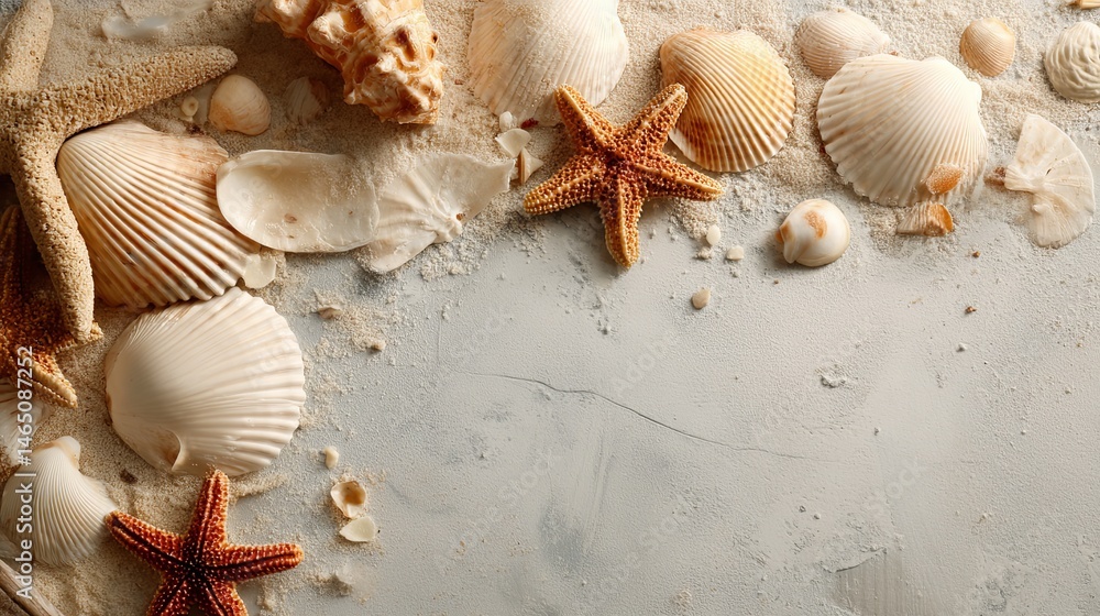 Seashells and Starfish on Sandy Beach - Coastal Vacation Concept Seashells and Starfish on Sandy Beach - Coastal Vacation Concept