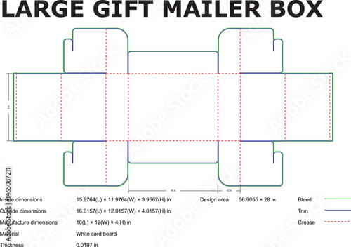Detailed diagram of a large gift mailer box with dimensions and specifications for design and packaging.