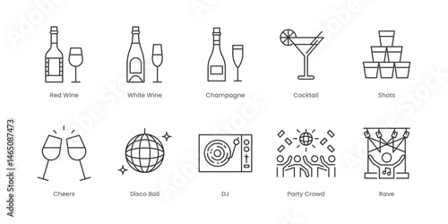 Night Club  Outline Icons Set – Cheers, Cocktail, Red Wine, Shots, Whisky, White Wine, Baller, Disco Ball, Dj, Party Crowd, Editable Stroke.