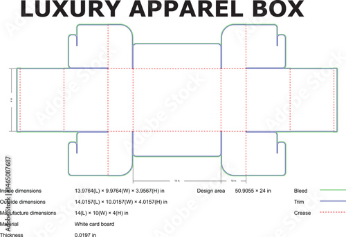 Flat design view of a luxury apparel box template showing dimensions bleed trim and crease lines for packaging.