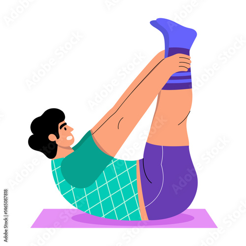 A flat style illustration showing a character doing boat pose
